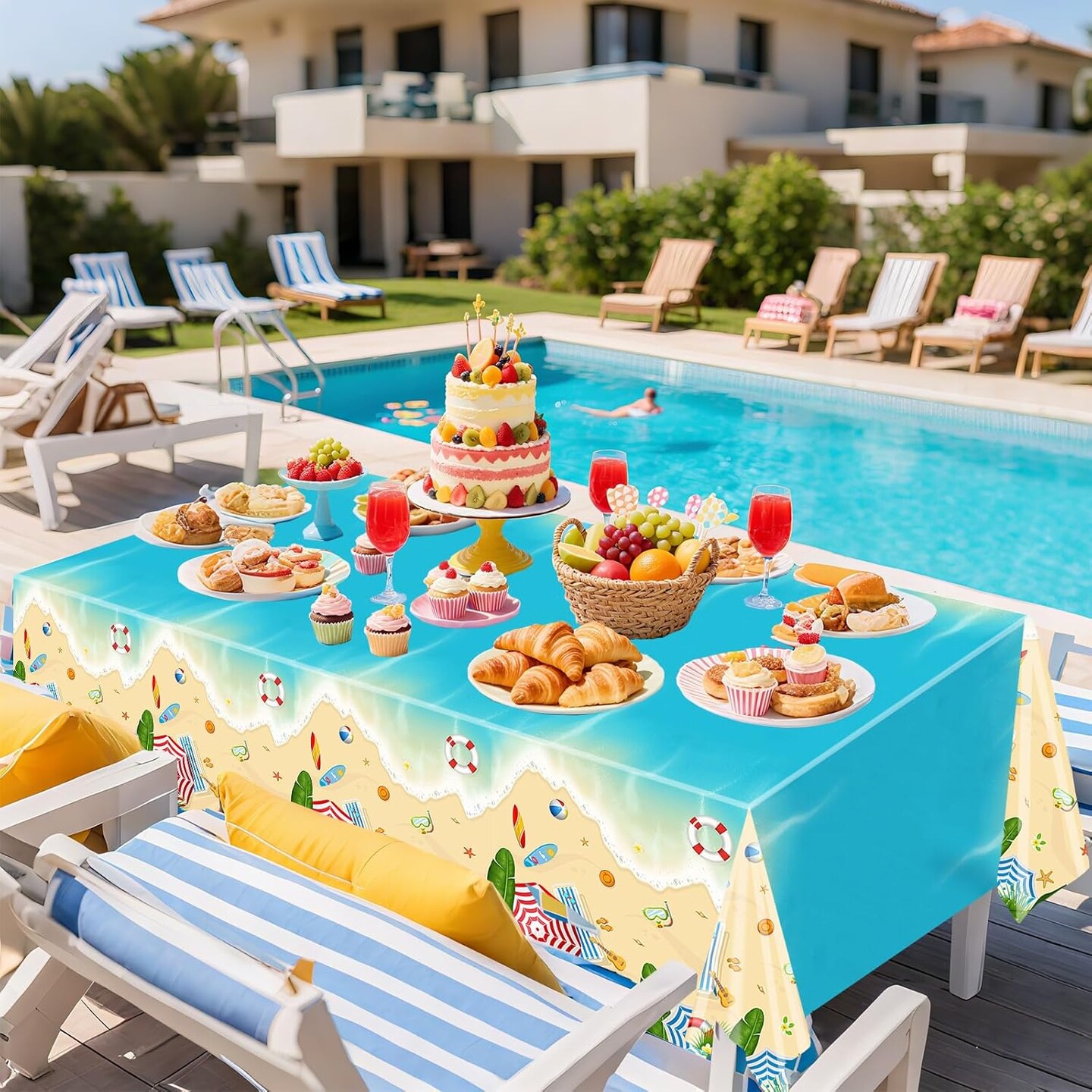 3Pcs Summer Pool Disposable Tablecloth Beach Theme Party Decorations (54 x 108 Inch)