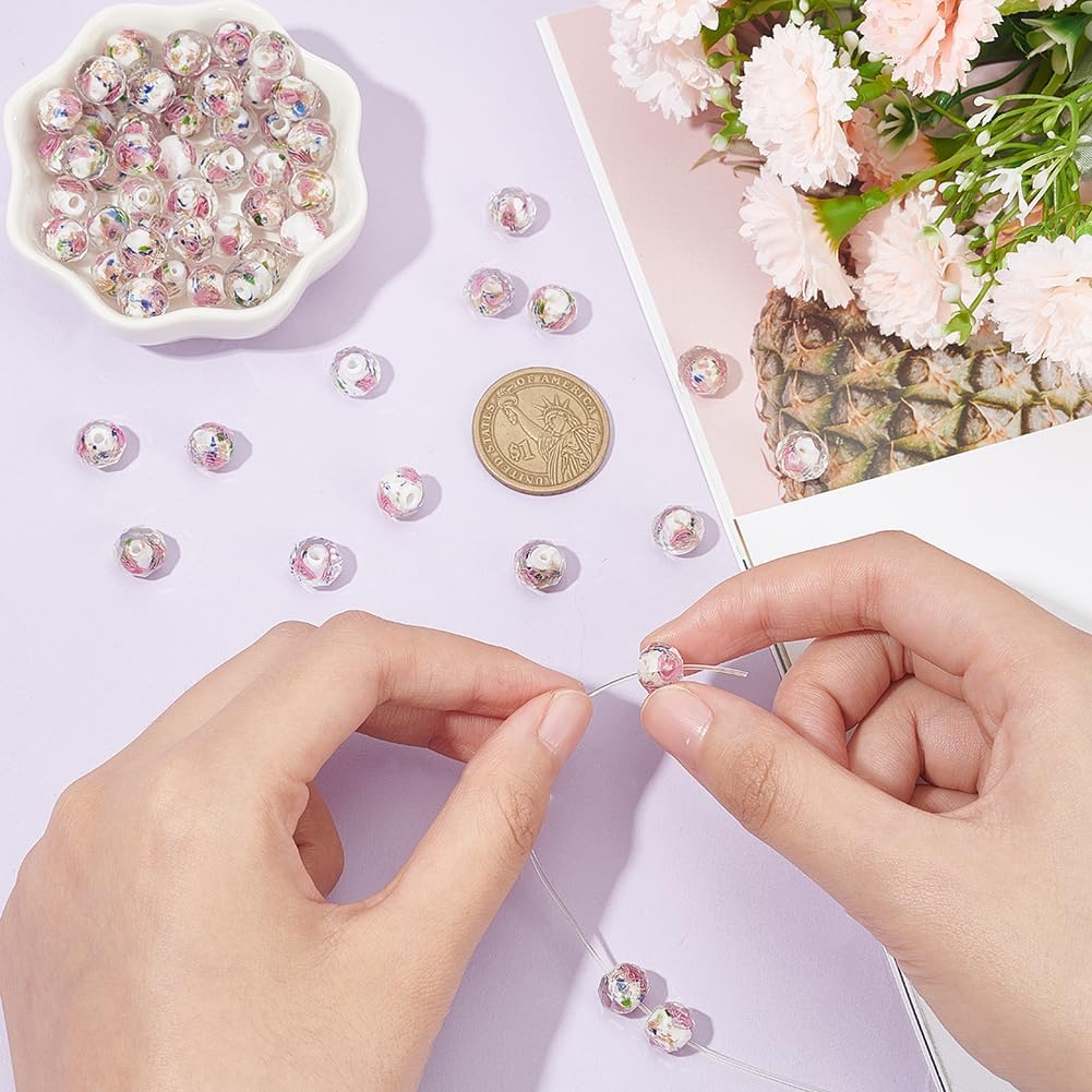 60pcs 9~10mm Rose Lampwork Beads Gold Sand Glass Beads Handmade Flower Glass Beads Round Loose Beads