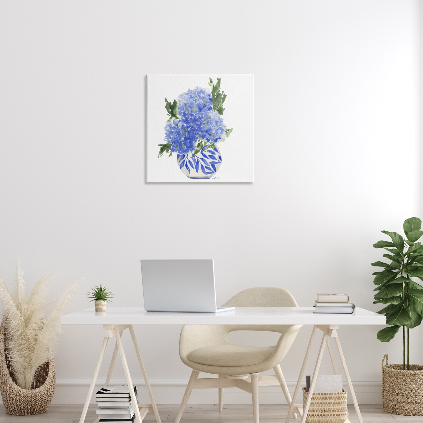 Stupell Industries Blue Hydrangeas in Leaf Vase Canvas By Lucille Price