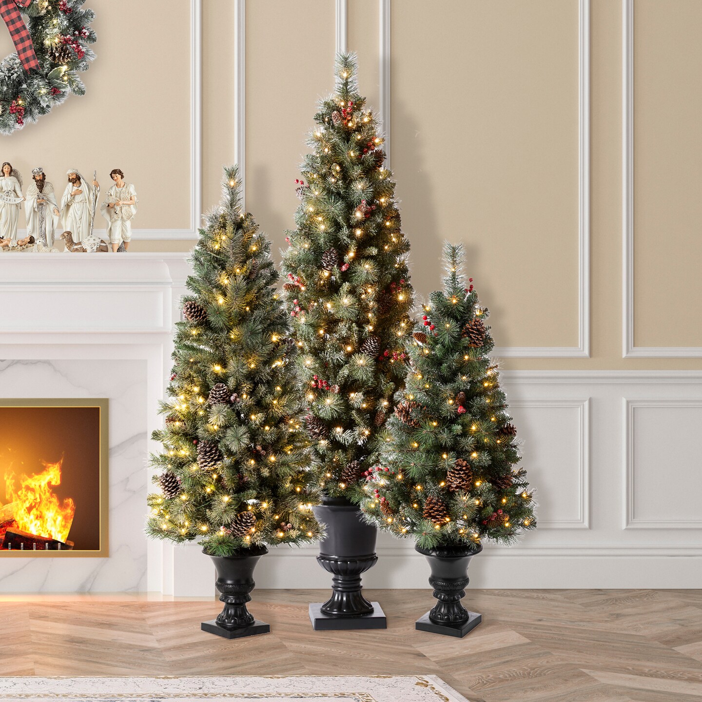 Set of 2/3 4ft/5ft/6ft Flocked Pinecone Christmas Potted Porch Tree With Warm White Lights