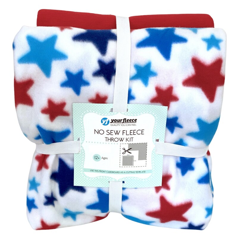 Stars Red White and Blue Anti-Pill Premium No-Sew Throw Fleece Fabric Kit (50x60)