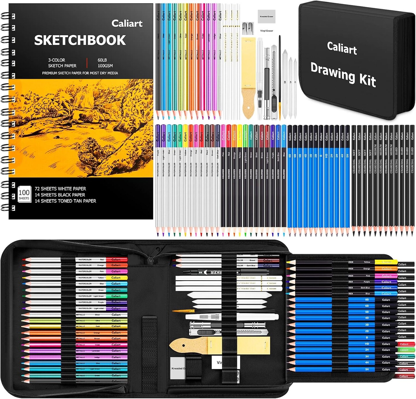 176PCS Art Supplies Sketching Kit with 100 Sheets 3-Color Sketch Book