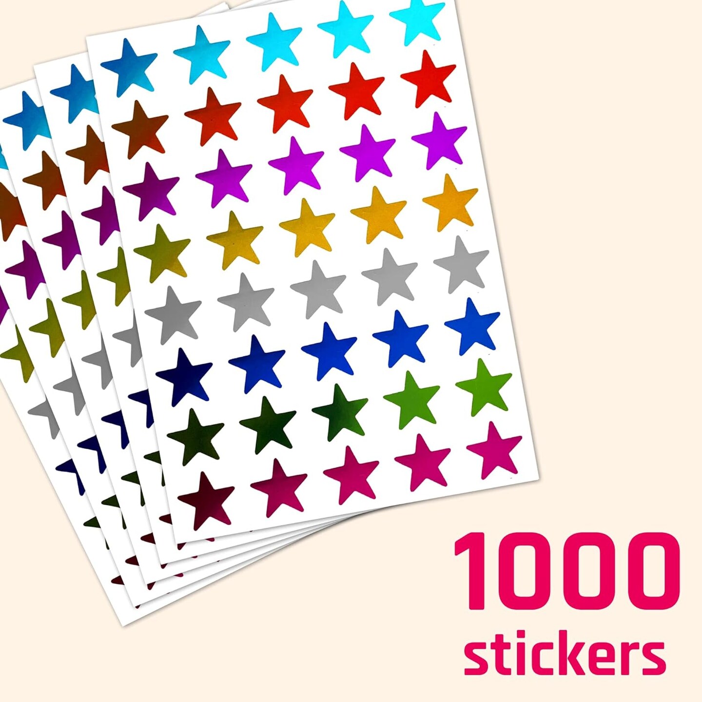 8 Colors - 1000 Pack (0.6" Diameter), Foil Star Metallic Stickers