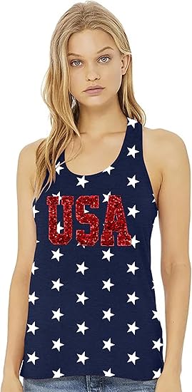 American Flag Tank Top Women USA Star Sequin Sleeveless Tee Patriotic Shirt 4th of July