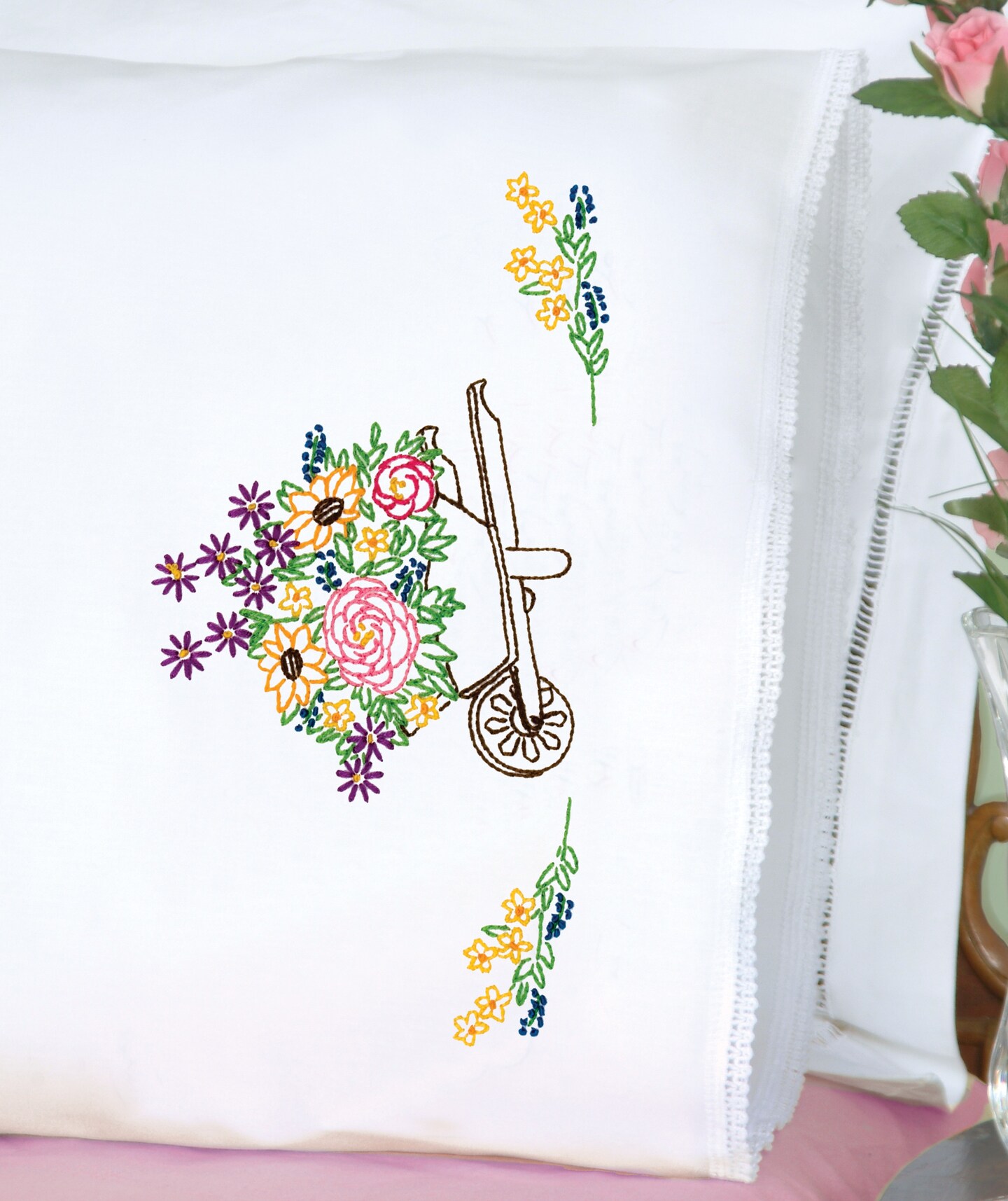 Jack Dempsey Stamped Pillowcases W/White Lace Edge 2/Pkg-Wheelbarrow Of Flowers