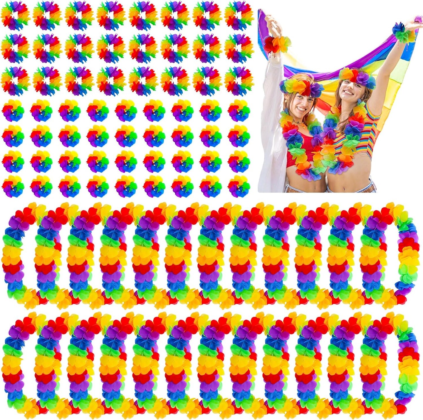 96 Pcs Rainbow Hawaiian Leis Set, Pride Month Hawaiian Floral Lei with Headband and Bracelets(Rainbow)