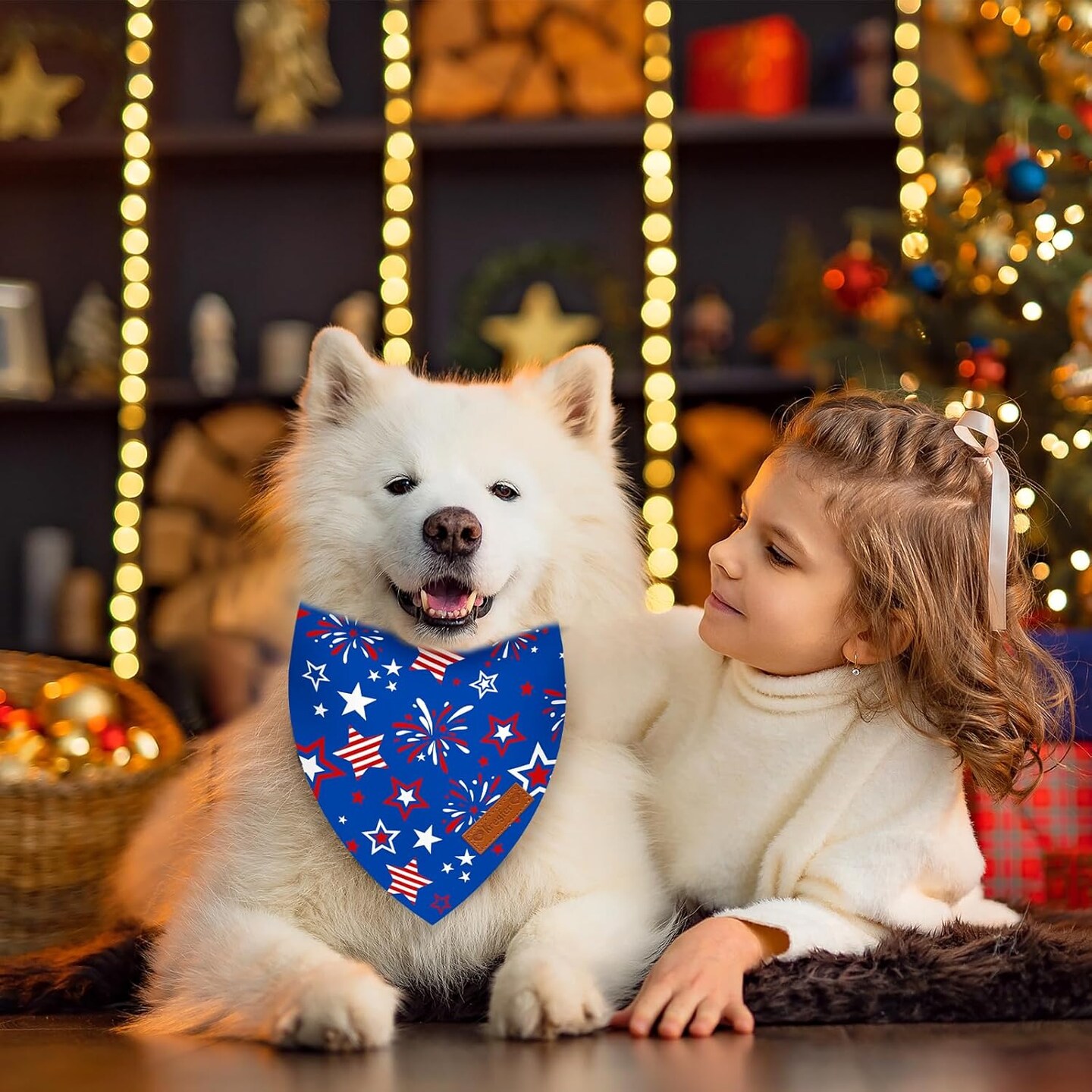 2 Pieces Patriotic Dog Bandanas, Double-Sided Reversible Triangle Scarf, American Flag Stars and Stripes Wearables Design, 4th of July