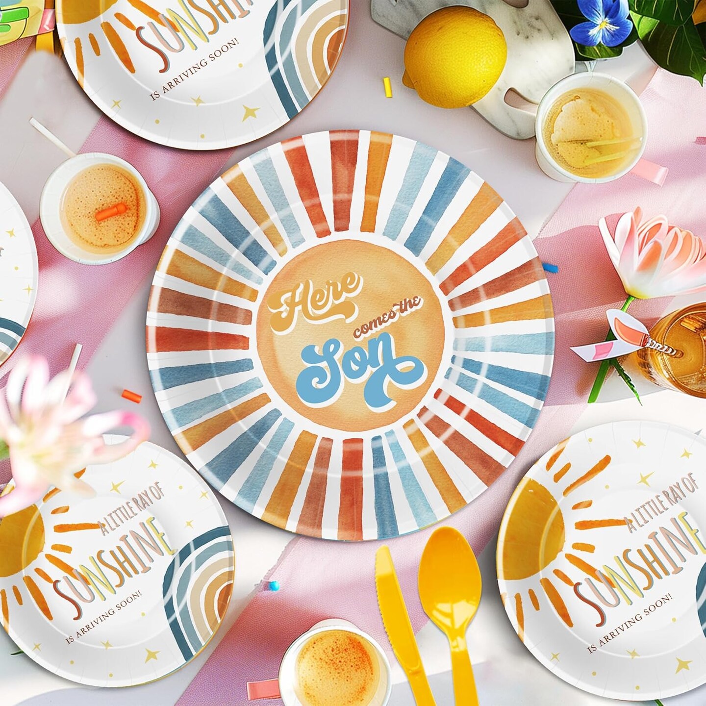 Here Comes The Son Baby Shower Decorations Tableware Boy, Boho Rainbow Sun Baby Shower Party Supplies(Multicolor)