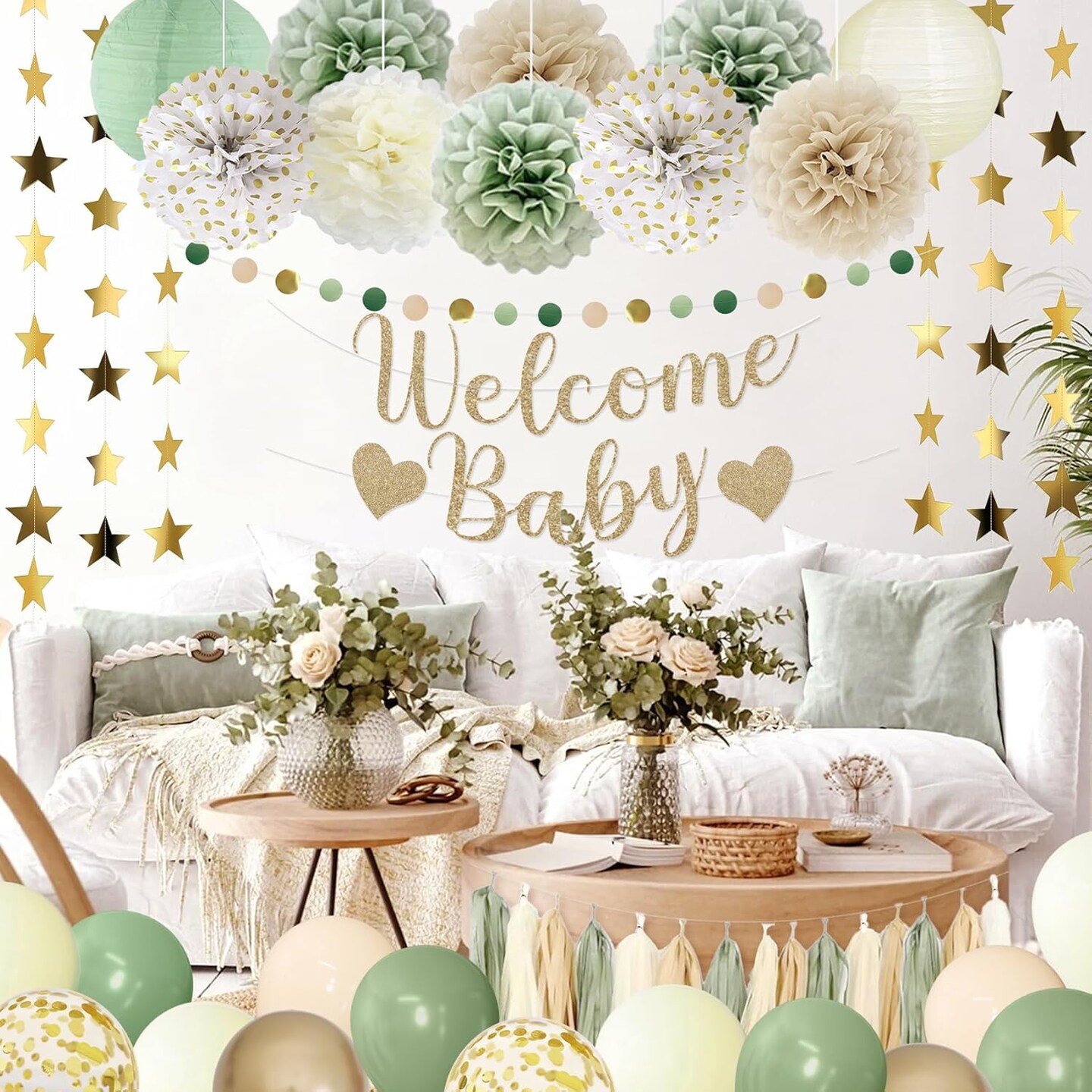 Sage Green Balloons Welcome Baby Banner, Cake Topper, Paper Lanterns, Pom Poms Flowers Tassels, Circle Dots Star Garland