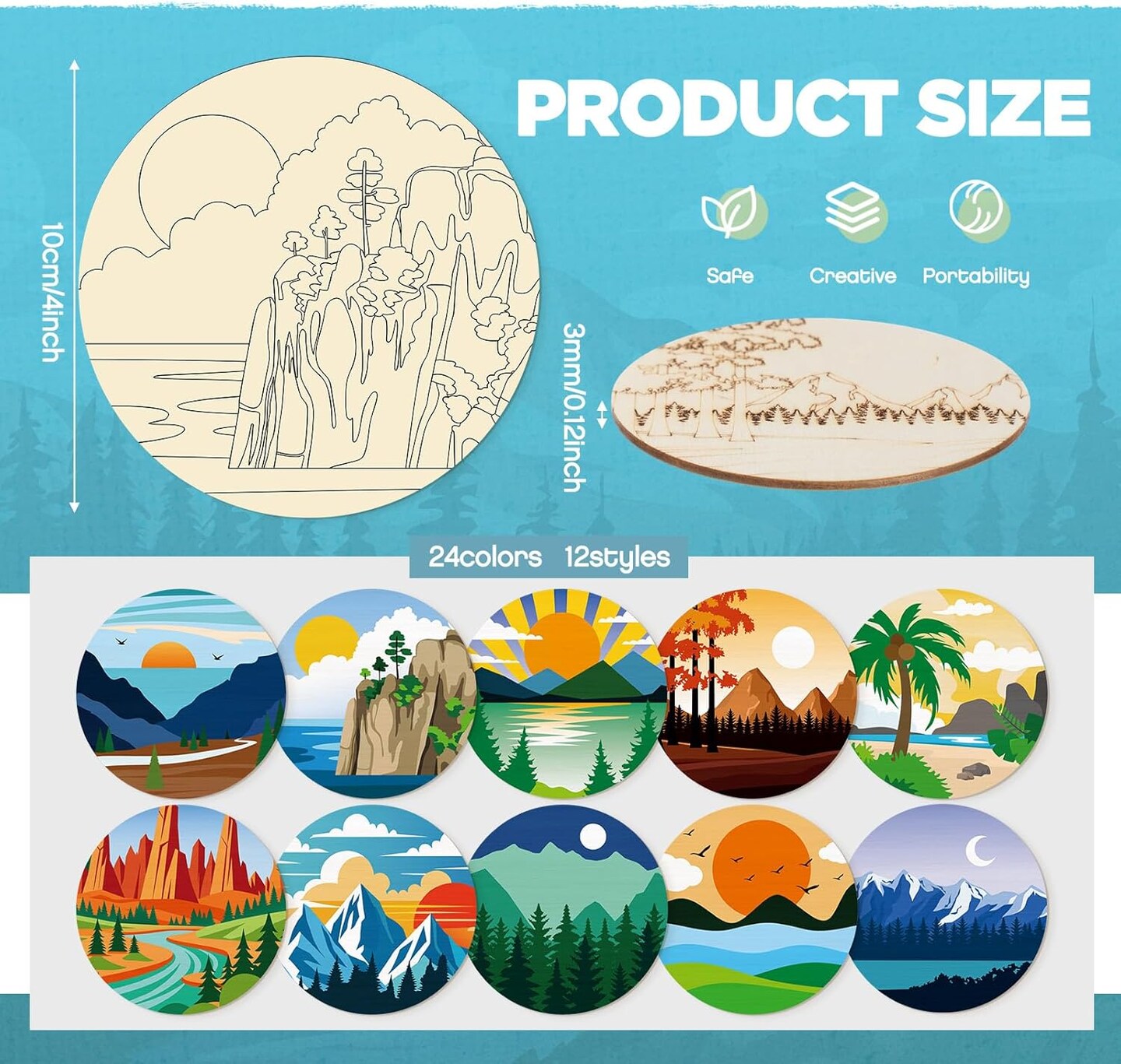 45 Pcs Wooden Coasters Painting Set with Markers 4 Inch Boho Drink Coaster