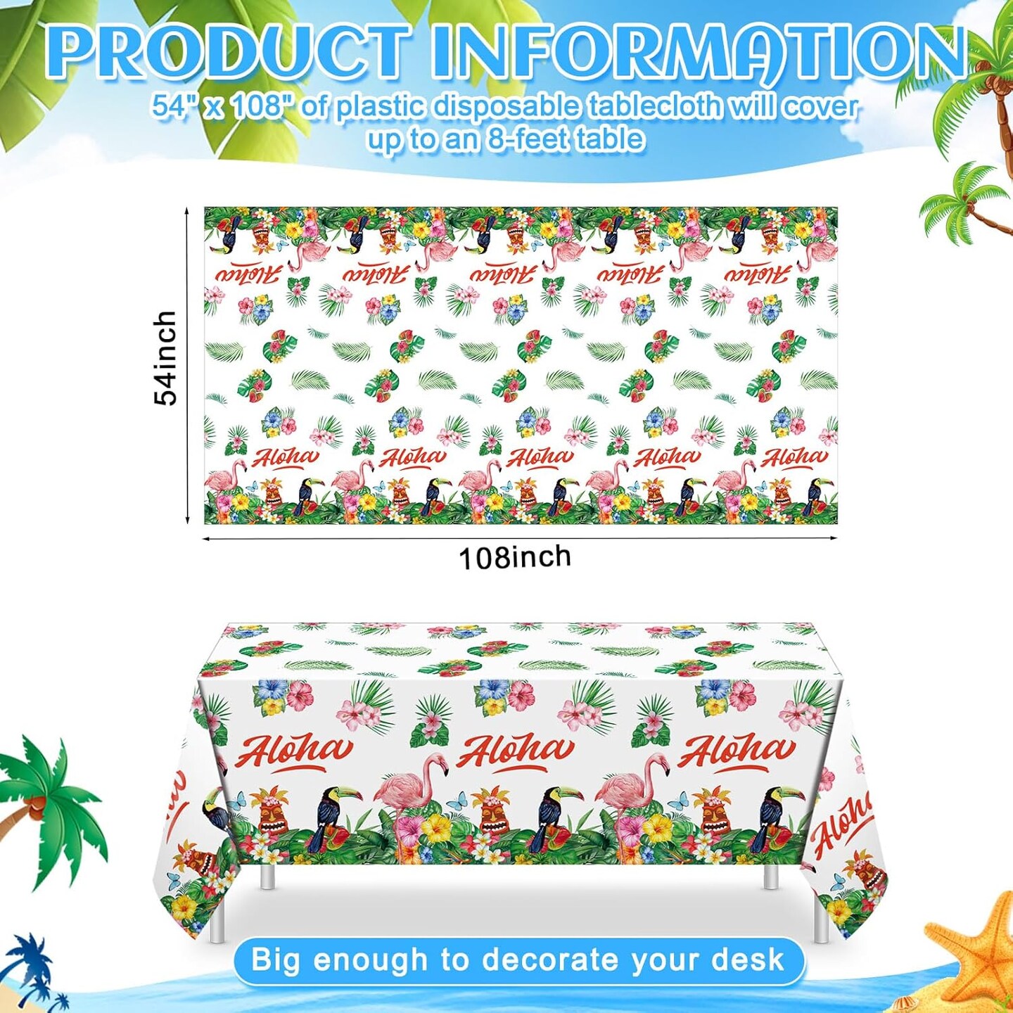 3 Pack Hawaiian Luau Table Covers Tiki Party Tablecloth Tablecloths 108 x 54 in