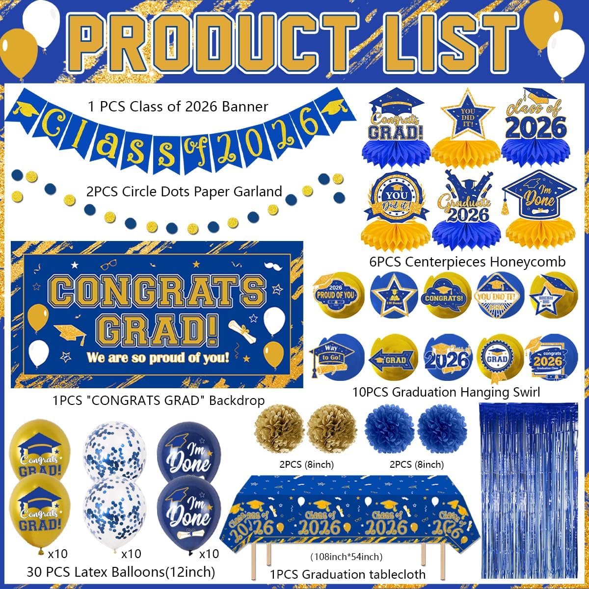 Graduation Party Decoration – Blue & Gold Class of 2026 Banner Kit with Congrats Grad Backdrop, Balloons, Paper Pompoms & Hanging Swirls, Complete Graduation Party Supplies Set