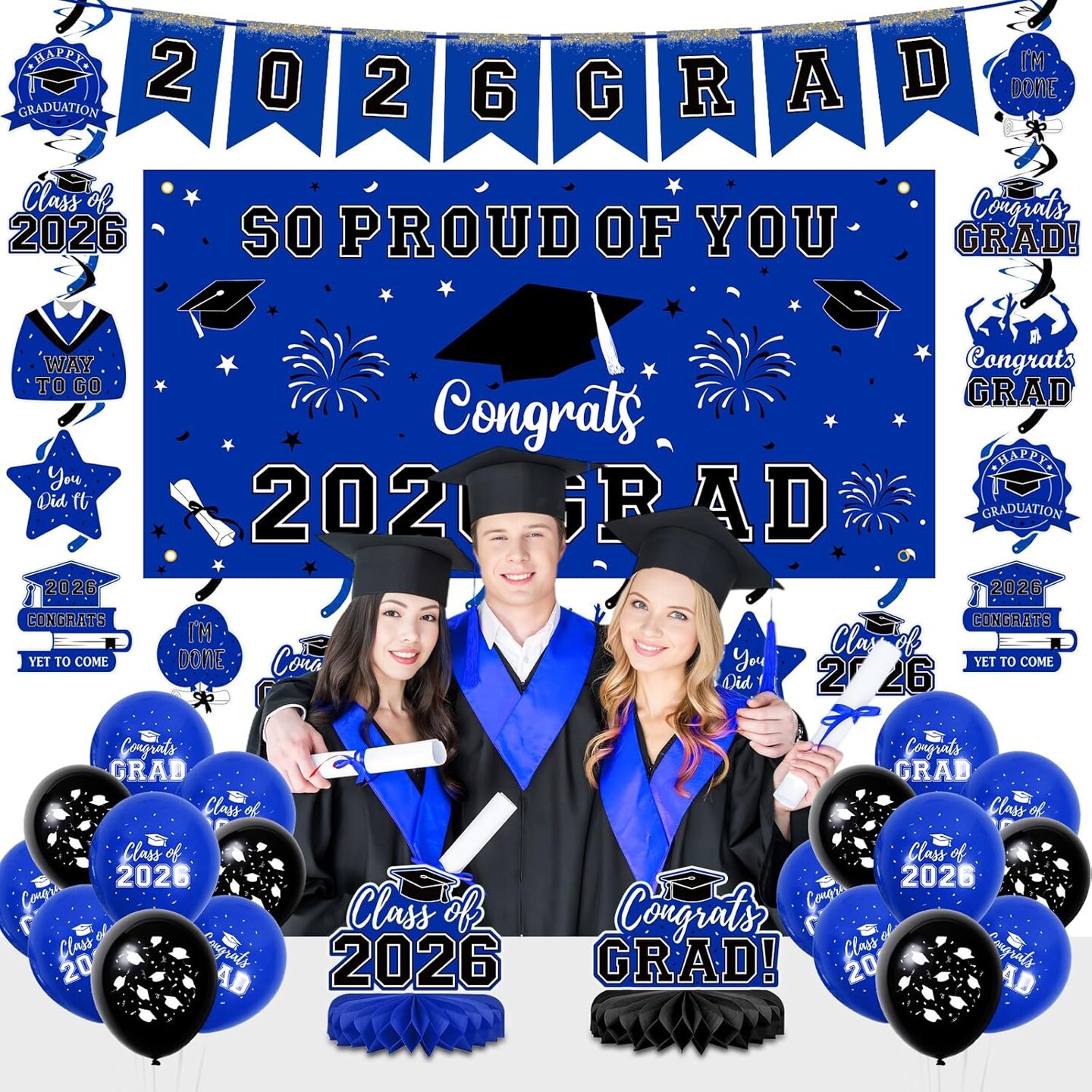 Graduation Party Decoration – 59PCS Class of 2026 Blue Graduation Decor Set with Backdrop, Balloons, Banner, Hanging Swirls & Centerpieces for All Grade Graduation Celebrations
