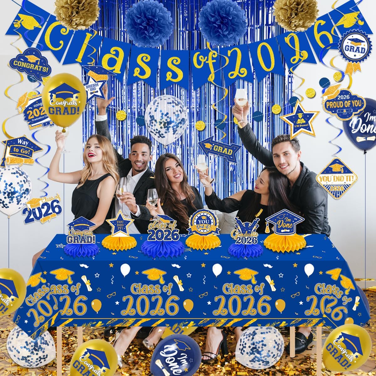 Graduation Party Decoration – Blue & Gold Class of 2026 Banner Kit with Congrats Grad Backdrop, Balloons, Paper Pompoms & Hanging Swirls, Complete Graduation Party Supplies Set