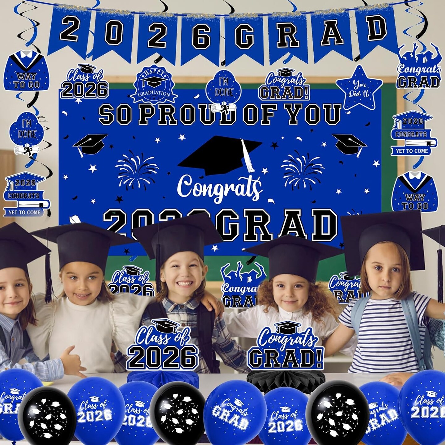 Graduation Party Decoration – 59PCS Class of 2026 Blue Graduation Decor Set with Backdrop, Balloons, Banner, Hanging Swirls & Centerpieces for All Grade Graduation Celebrations
