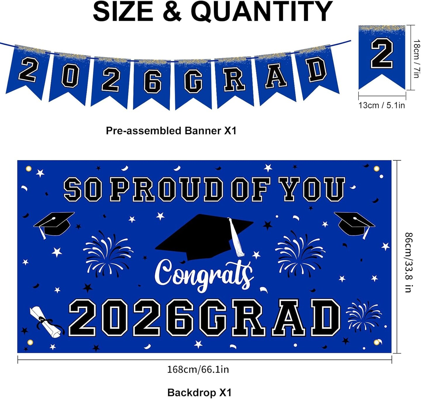 Graduation Party Decoration – 59PCS Class of 2026 Blue Graduation Decor Set with Backdrop, Balloons, Banner, Hanging Swirls & Centerpieces for All Grade Graduation Celebrations