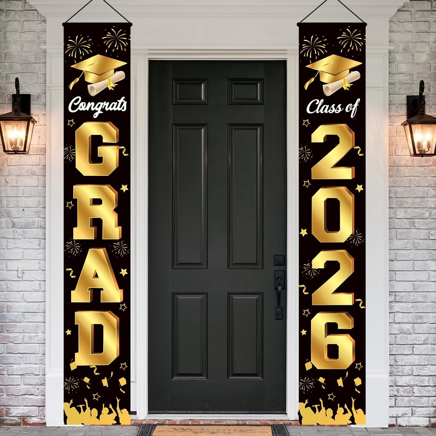 Graduation Party Decoration – Black & Gold Congrats Grad Class of 2026 Porch Banner Set, 71×12 Inch Door & Porch Hanging Signs for Graduation Party Supplies