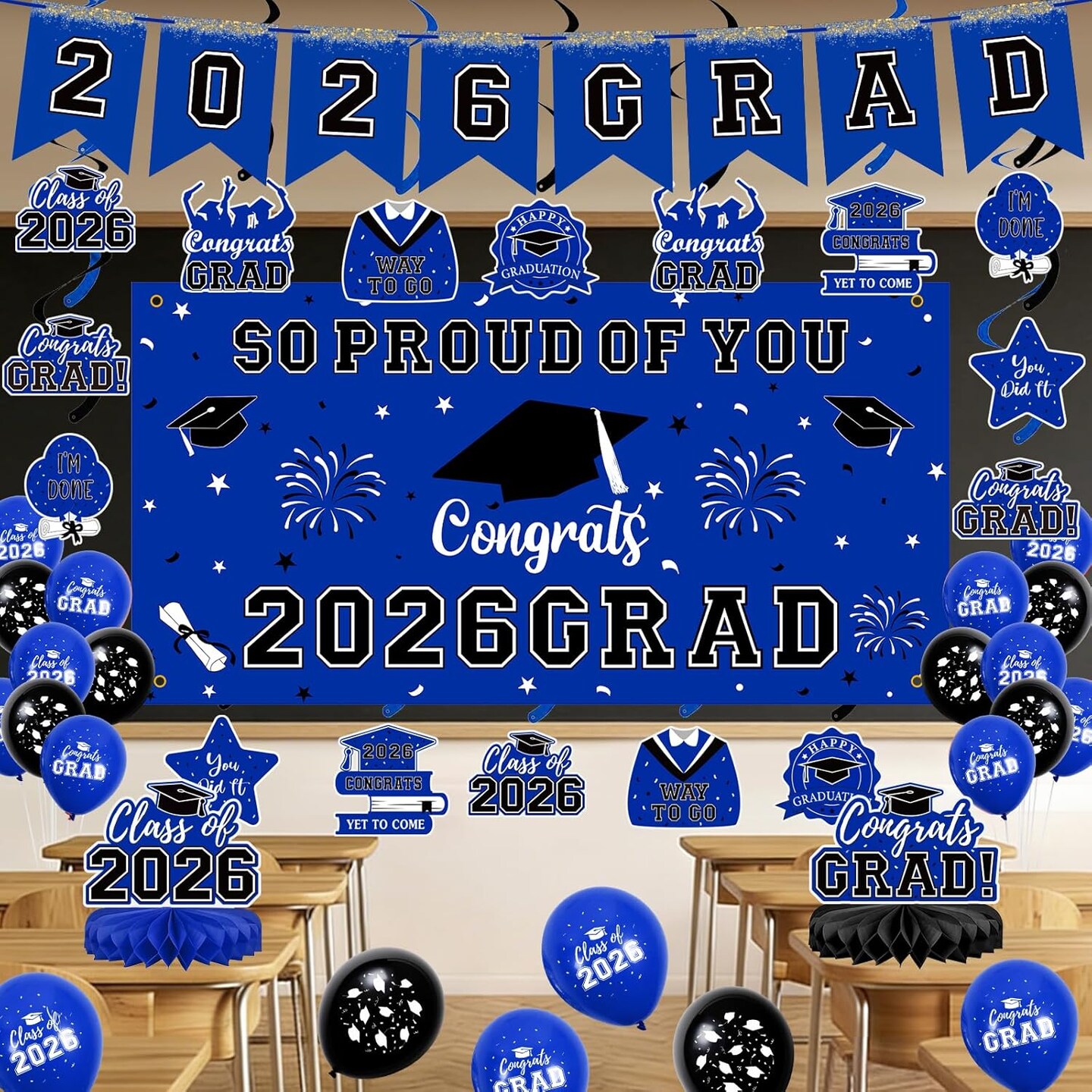 Graduation Party Decoration – 59PCS Class of 2026 Blue Graduation Decor Set with Backdrop, Balloons, Banner, Hanging Swirls & Centerpieces for All Grade Graduation Celebrations