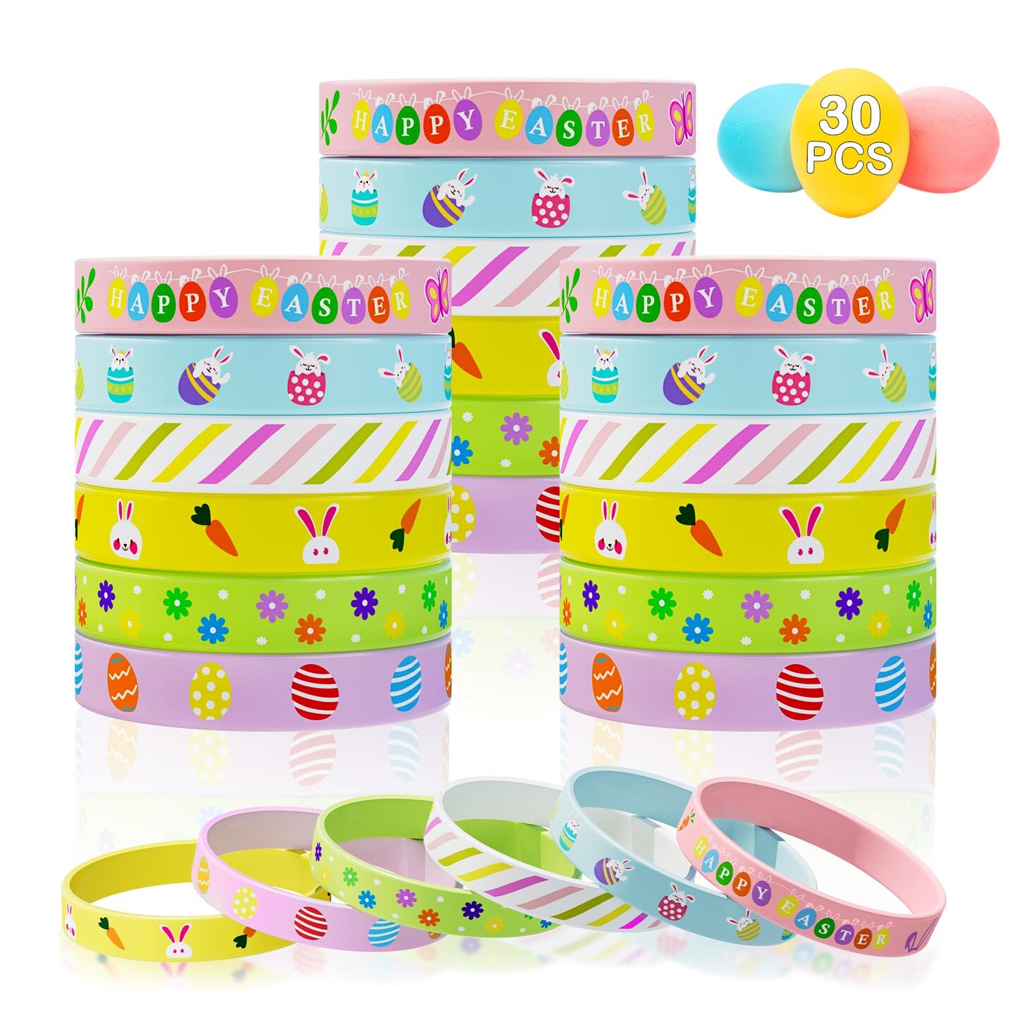 Easter Rubber Bracelets for Kids 30PCS Easter Basket Stuffers Silicone Wristbands Bulk Easter Party Favors Supplies for Kids Easter Egg Fillers Goodie Bag Stuffers Gifts Classroom Prizes Accessories