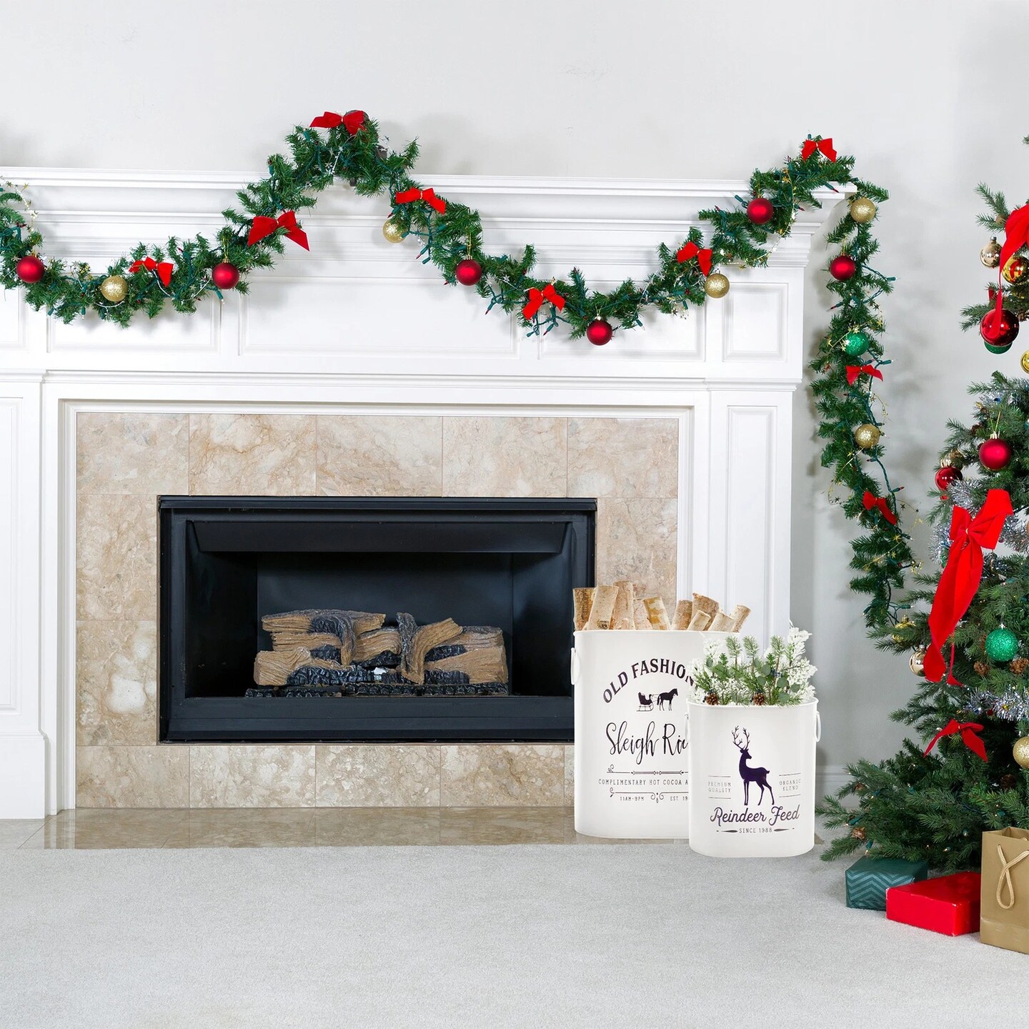 White Christmas Greenery Buckets 2pc Rustic Holiday Decor Set