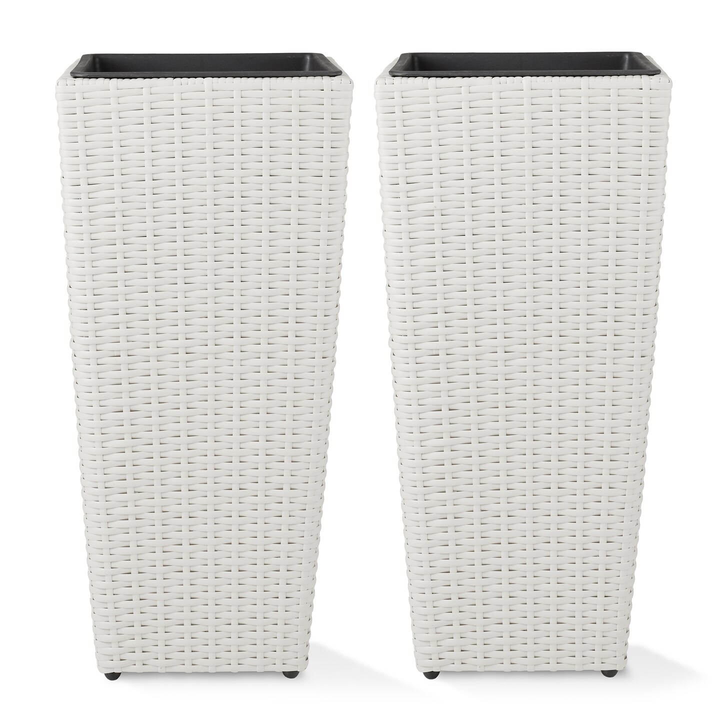 Casafield Set of 2 All-Weather Outdoor Planters with Liners, Tall Tapered Plant Boxes with Flower Pots for Front Porch, Patio, Garden - White