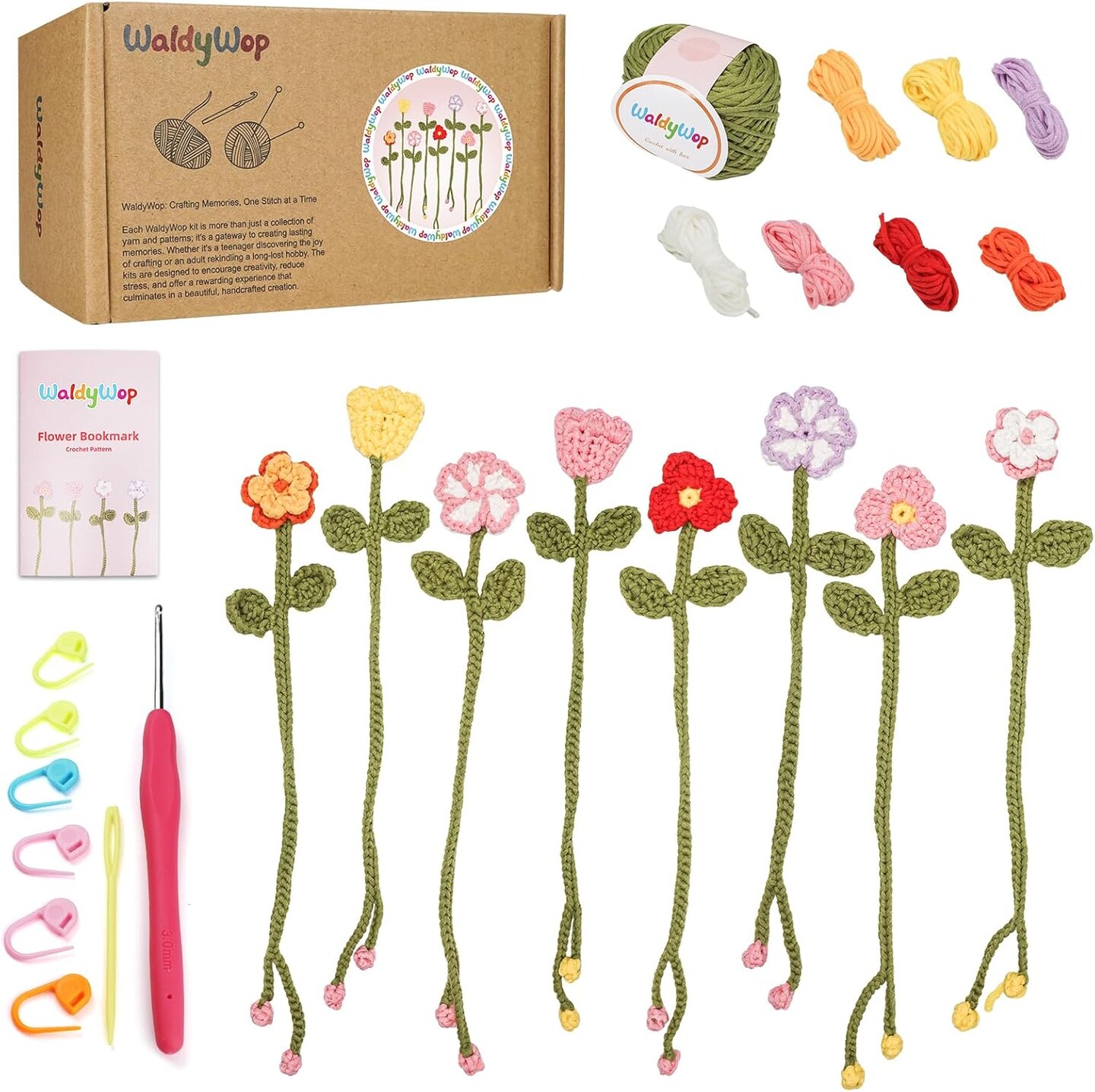 Crochet Kit for Beginners - 8 Flower Bookmarks Crocheting Kit w/Step-by-Step Video Tutorials & Soft Yarn and Hooks - Wobbles Crochet Starter Kit for Adults Kids, Birthday Gifts for Women Mom