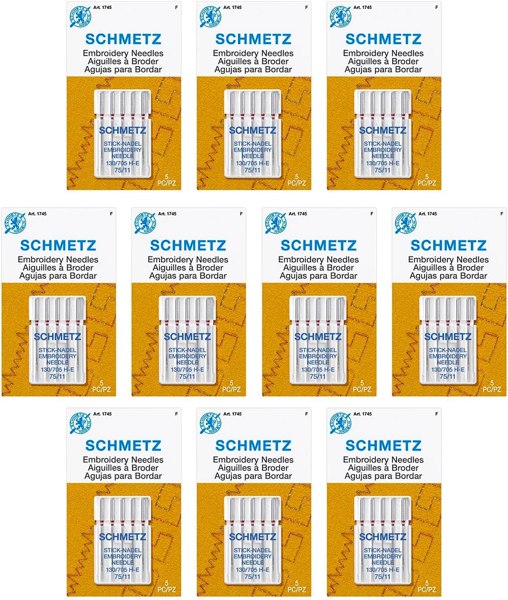 Embroidery Sewing Machine Needles - Precision Needles, Size 75/11, 5-Needle Cards, Pack of 10