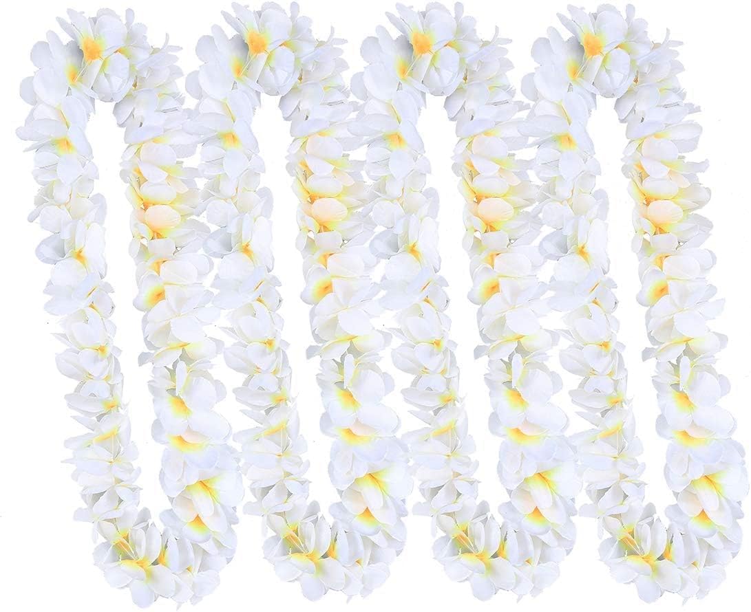 6 Pack Summer White Hawaiian Leis Necklace Tropical Luau Hawaii Wreaths Silk Flower Lei Thickened Dance Garland Flower Leis