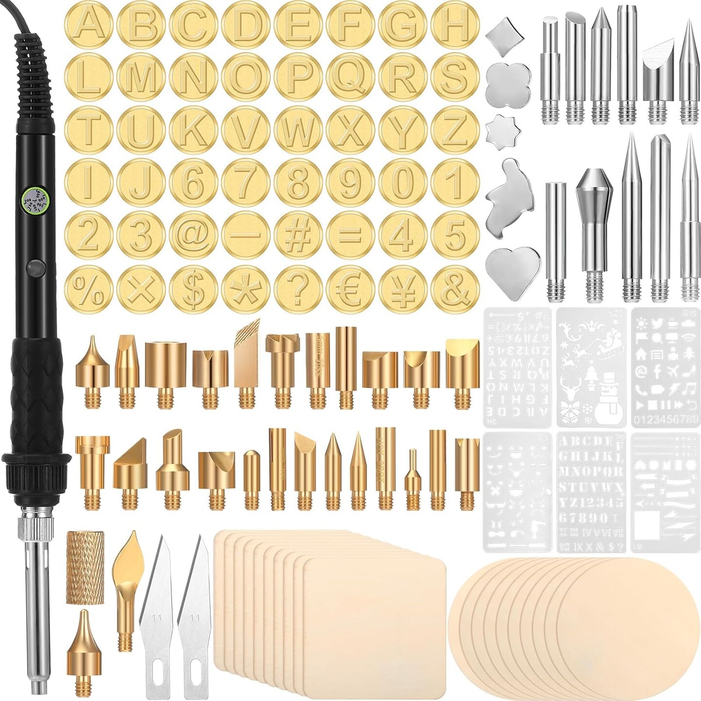 136 Pieces Wood Burning Kit Wood Burning Tools Set Wood Burner Tips Adjustable Temperature Pen Stencils with Wood Chips for Wood Burner DIY Embossing Carving Crafts