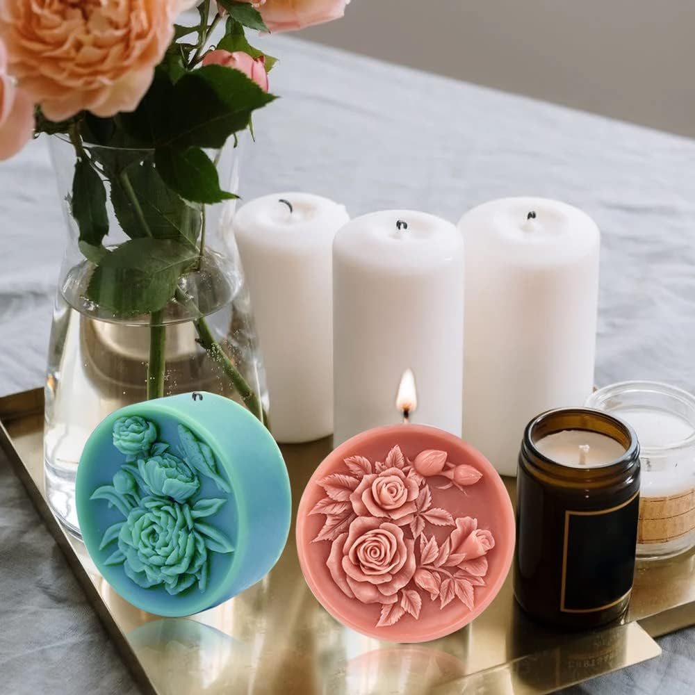2PCS Round Flower Soap Molds for Soap Making, Rose Resin Candle Mold Silicone, Bath Bombs Lotion Bar Silicone Mold, 3D Mold