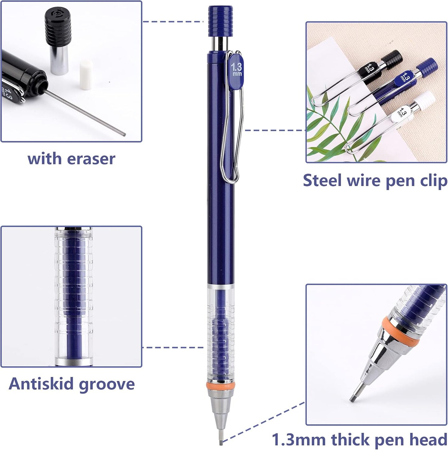 21pcs Mechanical Pencil Set 9pcs 1.3 mm Mechanical Pencils with 9 Tubes 1.3mm HB Lead Refills and 3 Pieces Erasers comfortable writing for Writing, Drawing, Signature, 3 Colors