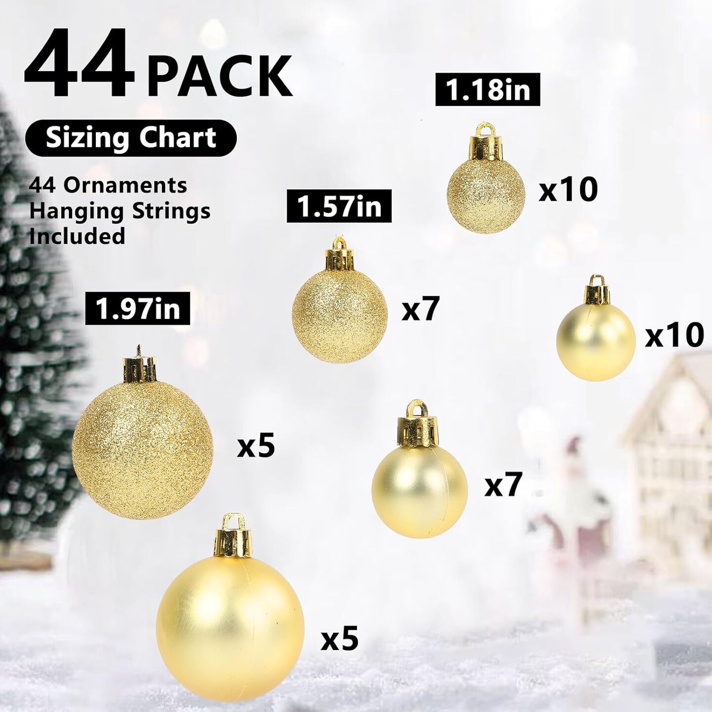 44Pcs Christmas Ball Gold Christmas Ornaments Set for Garden, Backyard, Holiday, Wedding, Party Decorations Shatterproof Christmas Decorations Ornaments Bulk Balls (10pcs 2&#x201D;, 14pcs 1.57&#x201D;, 20pcs 1.18&#x201D;)
