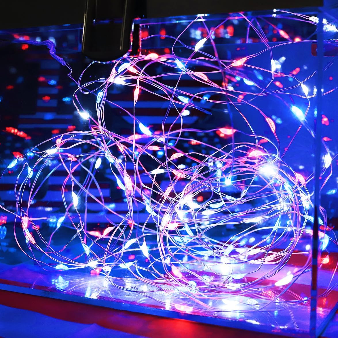 4th of July Decorations Fairy Lights - Red White Blue String 100LED Copper Battery Operated Remote Control Patriotic for Independence Memorial Day - 4 Pack
