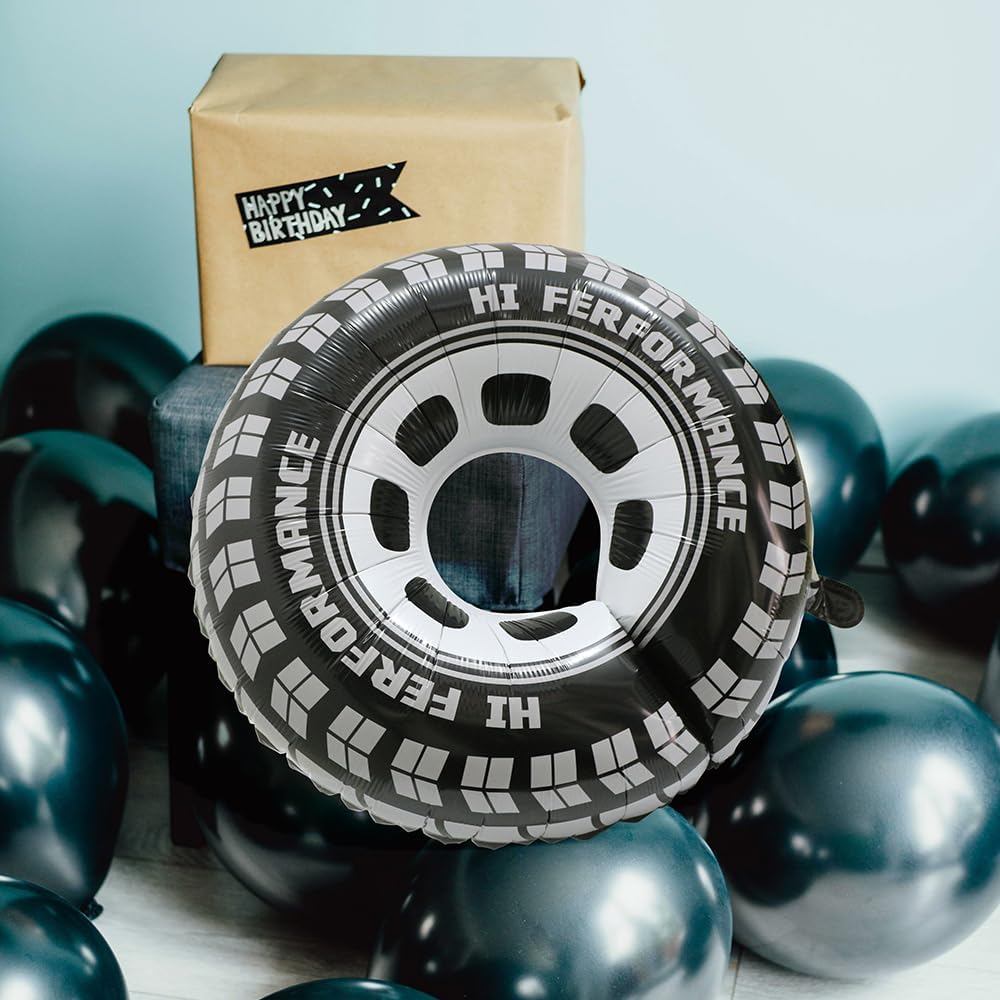 30 Inch Black Car Wheel Tire Party Balloons, Classic Large Racing Car Hot Wheels Mylar Foil Balloon For Men and Boys Racetrack Car