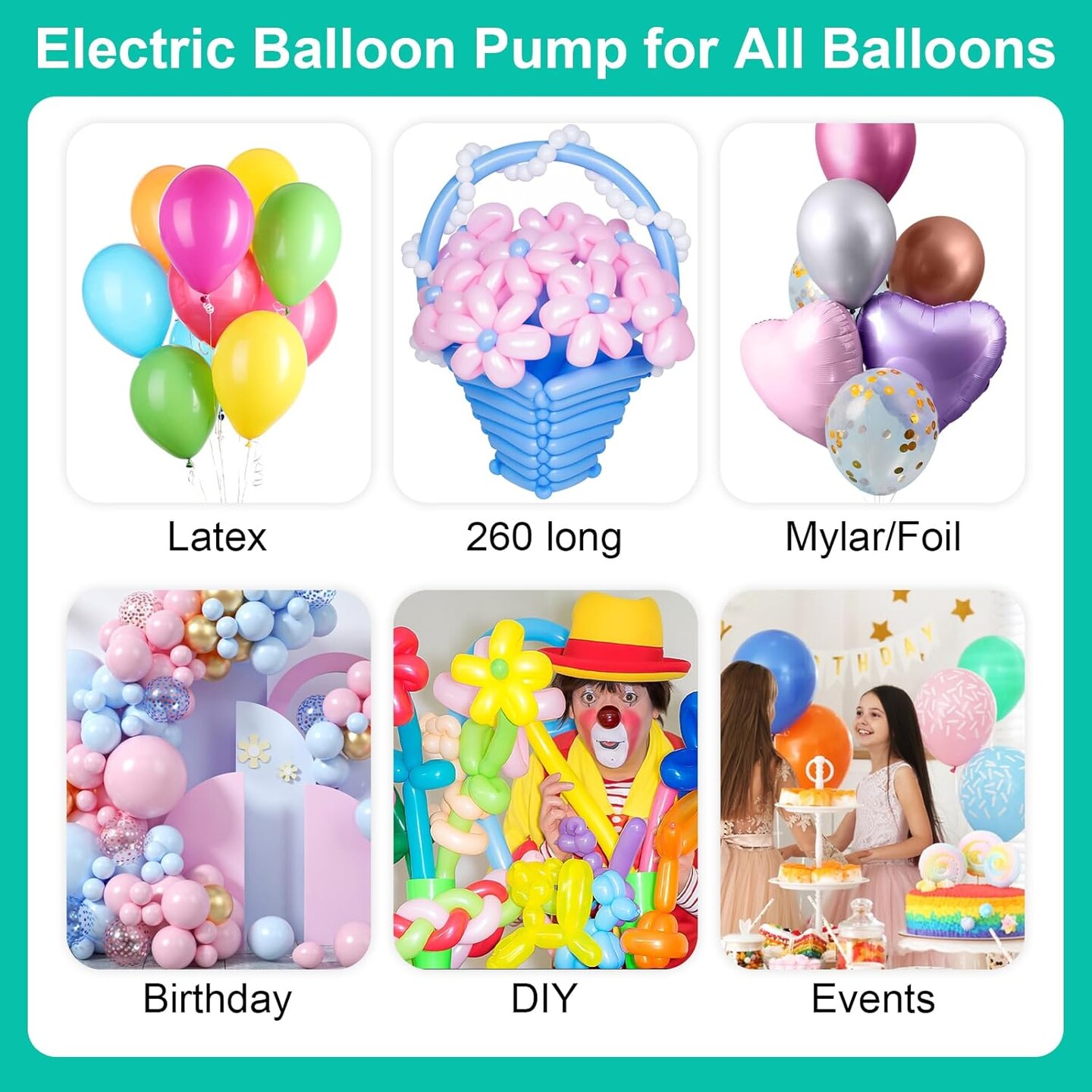 Electric Balloon Pump, 3-in-1 Air Pump for Inflatables and Balloons, Portable Balloon Pump for Latex 260Q Long Foil Balloons, 110V Dual Nozzle Inflator Deflator for Pool Floats Air Beds (Teal)