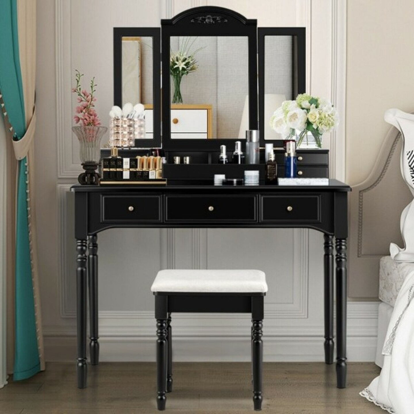 Makeup Dressing Table with Tri-Folding Mirror and Cushioned Stool Perfect for Women