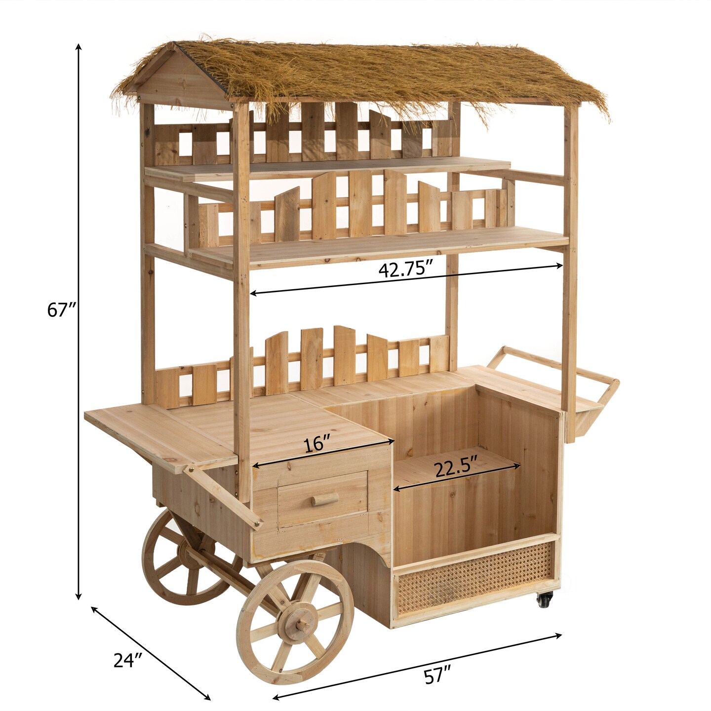 Vintiquewise Versatile Multi-Tier Shelves Wooden Rolling Cart - Perfect for Festival, Event Stand, Food Tasting Table, Garden Floral Display Rack, & Home Decor with Straw Roof and 2 Wood Wheels