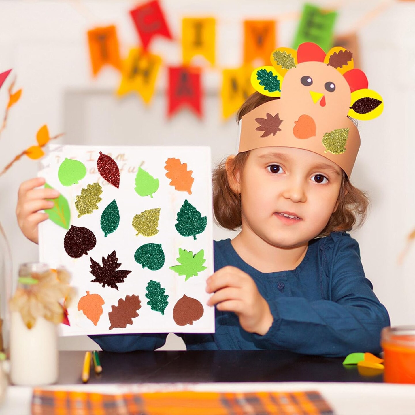 300 PCS Autumn Thanksgiving Fall Leaf Foam Sticker, Self Adhesive Foam Stickers, Glitter Maple Leaves DIY Crafts Foam Stickers