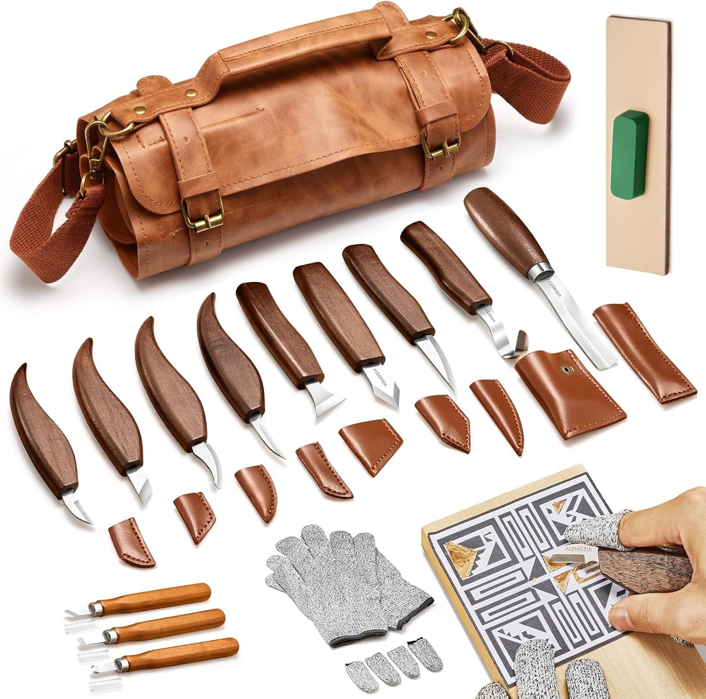 Wood Carving Kit, 17Pcs Wood Carving Tools, Professional Whittling Knife Set, Wooden Hand Knives with Sheath & Deluxe Leather Roll Bag for Beginners Adults & Starter Woodworking