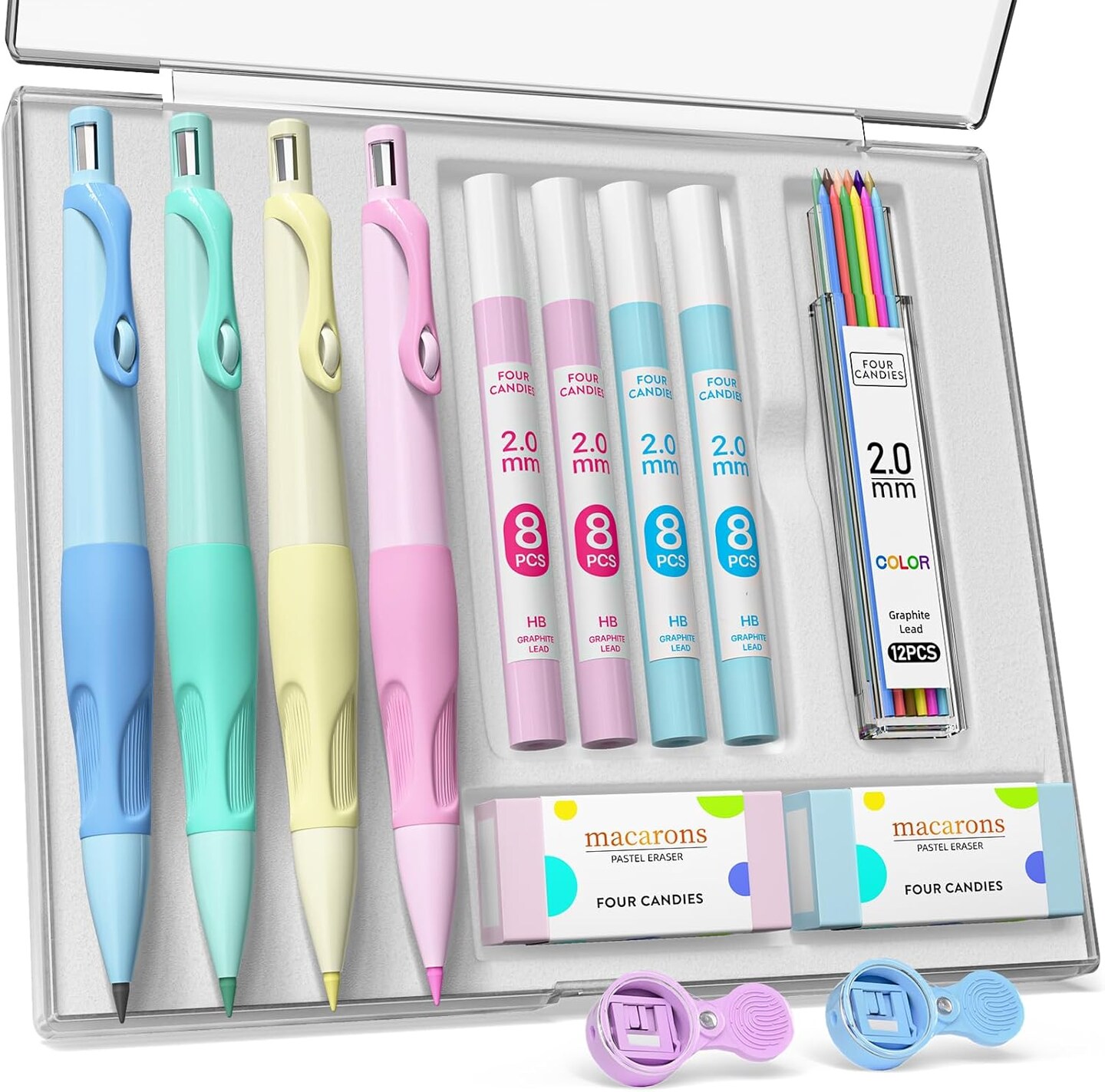 4PCS Thick Barrel Mechanical Pencil with Comfort Grip, 2.0MM Ergonomic Mechanical Pencil with 44PCS Lead Refills, 2PCS Sharpeners/Erasers, Aesthetic School Supplies for Writing Drawing