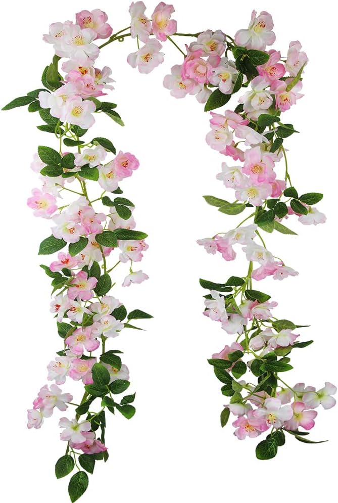 Artificial Cherry Blossom Flower Vine Pink Hanging Cherry Blossom Flower Silk Garland Hanging Vines Faux Flowers for Outdoors Spring Wedding Party Home Table Centerpiece Arrangement Decor