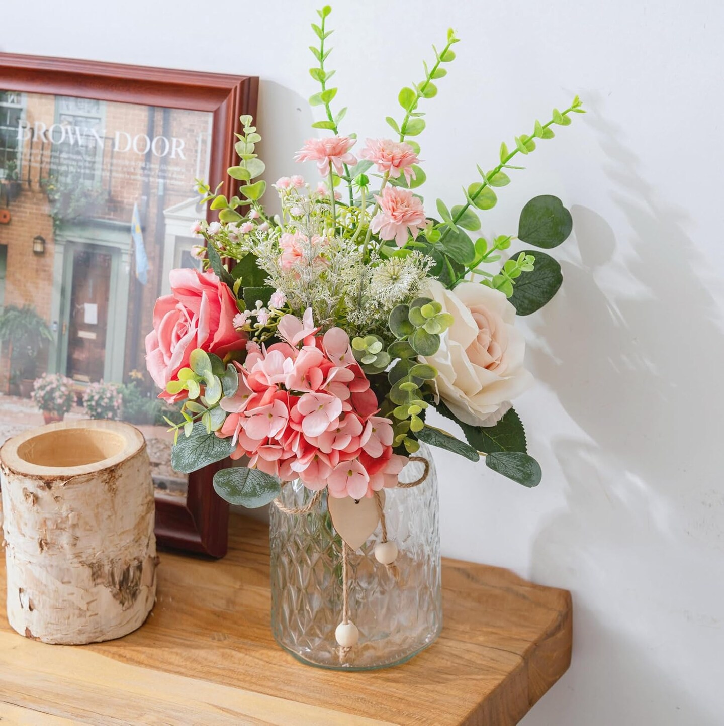 Fake Flowers with Vase, Pink Hydrangea Artificial Flowers in Vase Faux Rose Flowers Arrangement Suitable for Home Kitchen Living Room Fall Spring Decor Office Decoration, Centerpiece Table Decorations