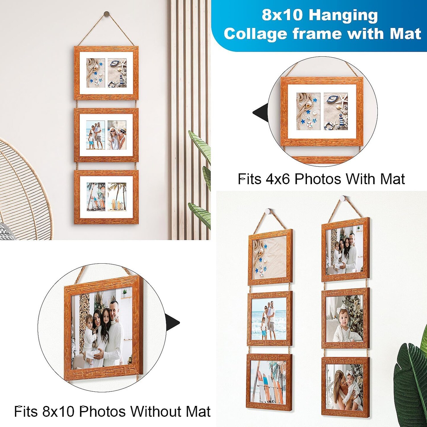 8x10 Hanging Picture Frames with 6 Openings 4x6 Pictures, HD Real Glass 8x10 Wall Hanging Collage frames with Mat, Hemp Rope Multiple Photo Frames for Wall Decor (Carbonized Brown, 1 Pack)
