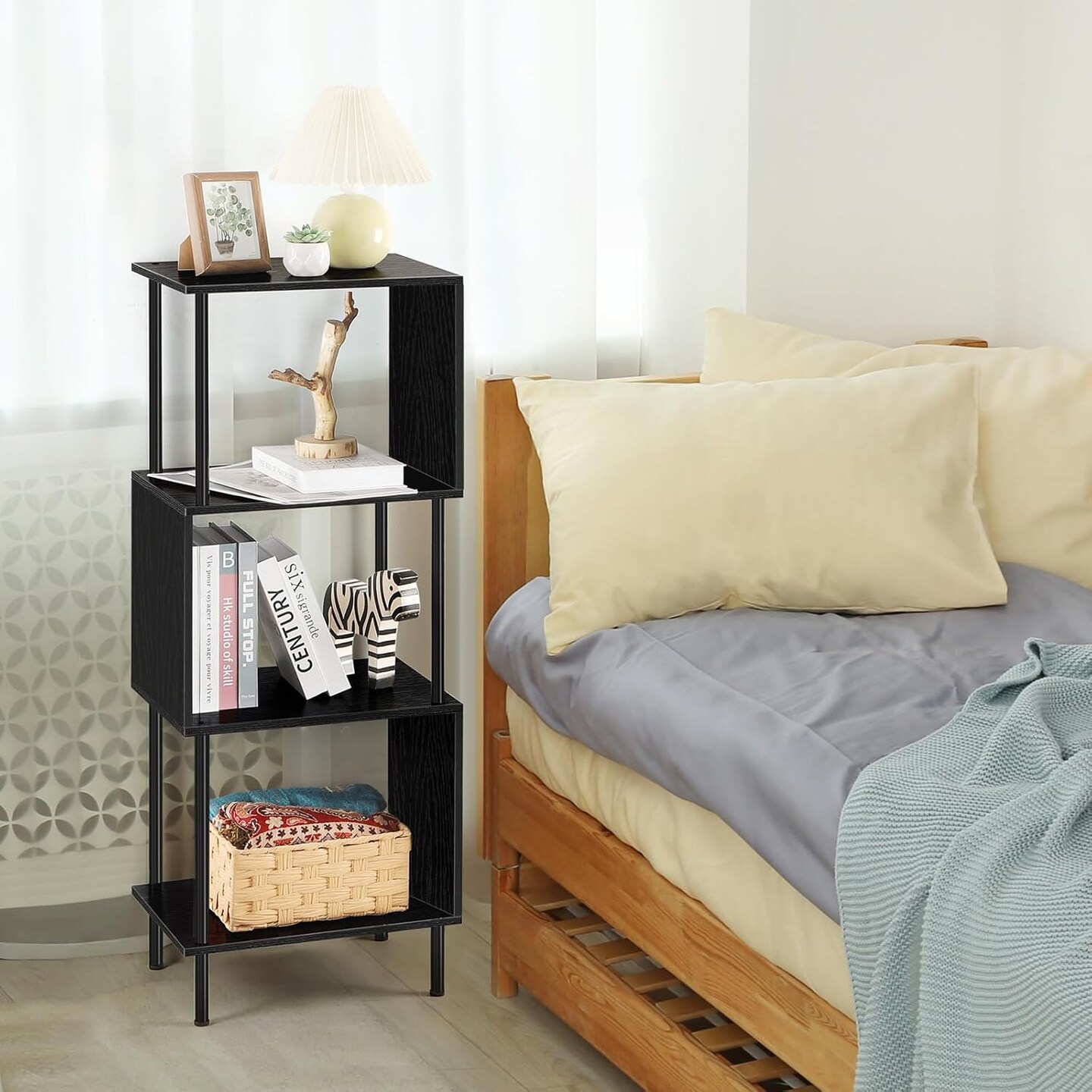 4-Tier S-Shaped Industrial Bookshelf – Rustic Freestanding Metal Frame & MDF Bookcase for Small Spaces, Living Room, Bedroom, Home Office – Easy Assembly, Anti-Tip Safety