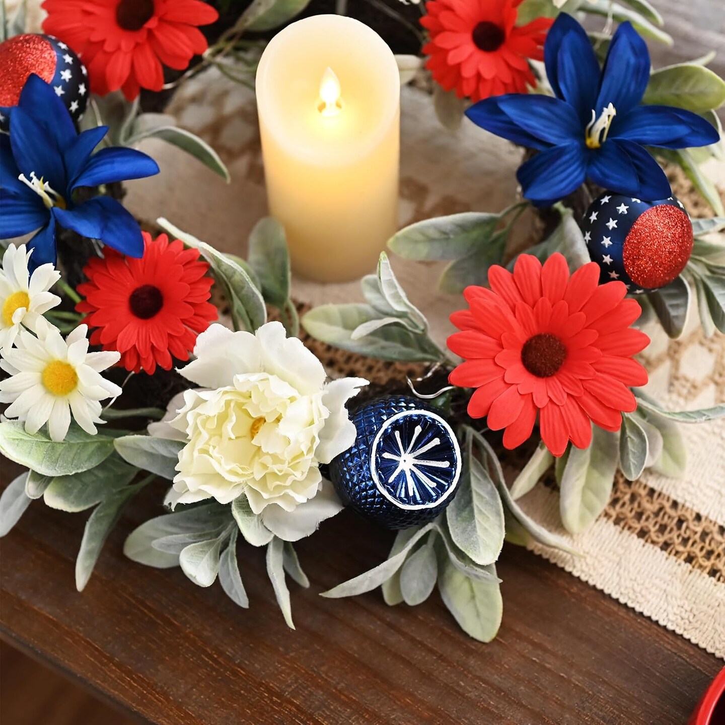 Patriotic Wreath for Front Door with Lights,20'' Red White Blue 4th of July Wreath for Memorial Day Decorations,Floral with Ball Ornament for Independence Day Americana Decor