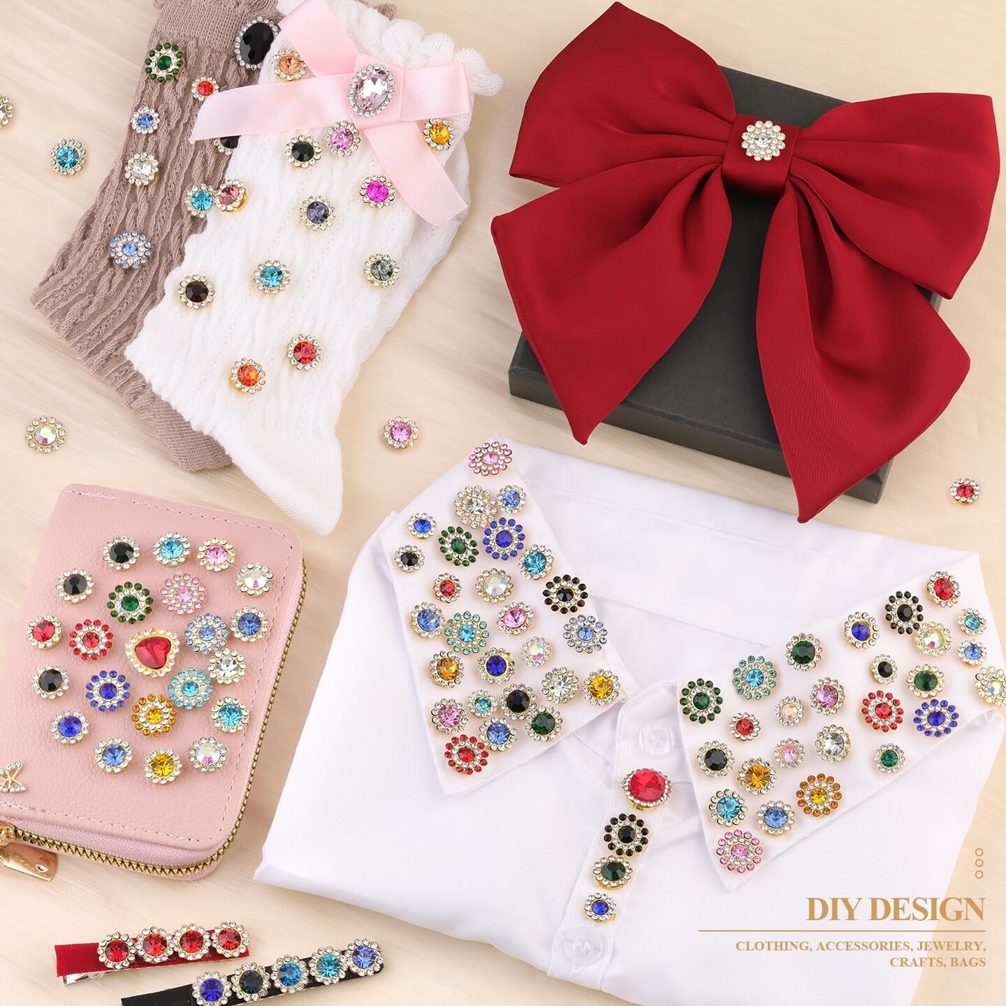 150pcs Sew-On Crystal Rhinestones 3 Sizes 10 Colors Flower Shape for Crafts & Clothing