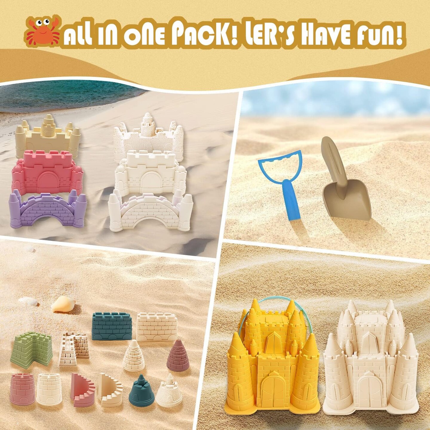Summer Beach and Sand Castle Kit, 12 PCS Sand Toys for Kids Outdoor with Sand Castle Bucket, Molds, Rake and Shovel, Great Toys for Beach