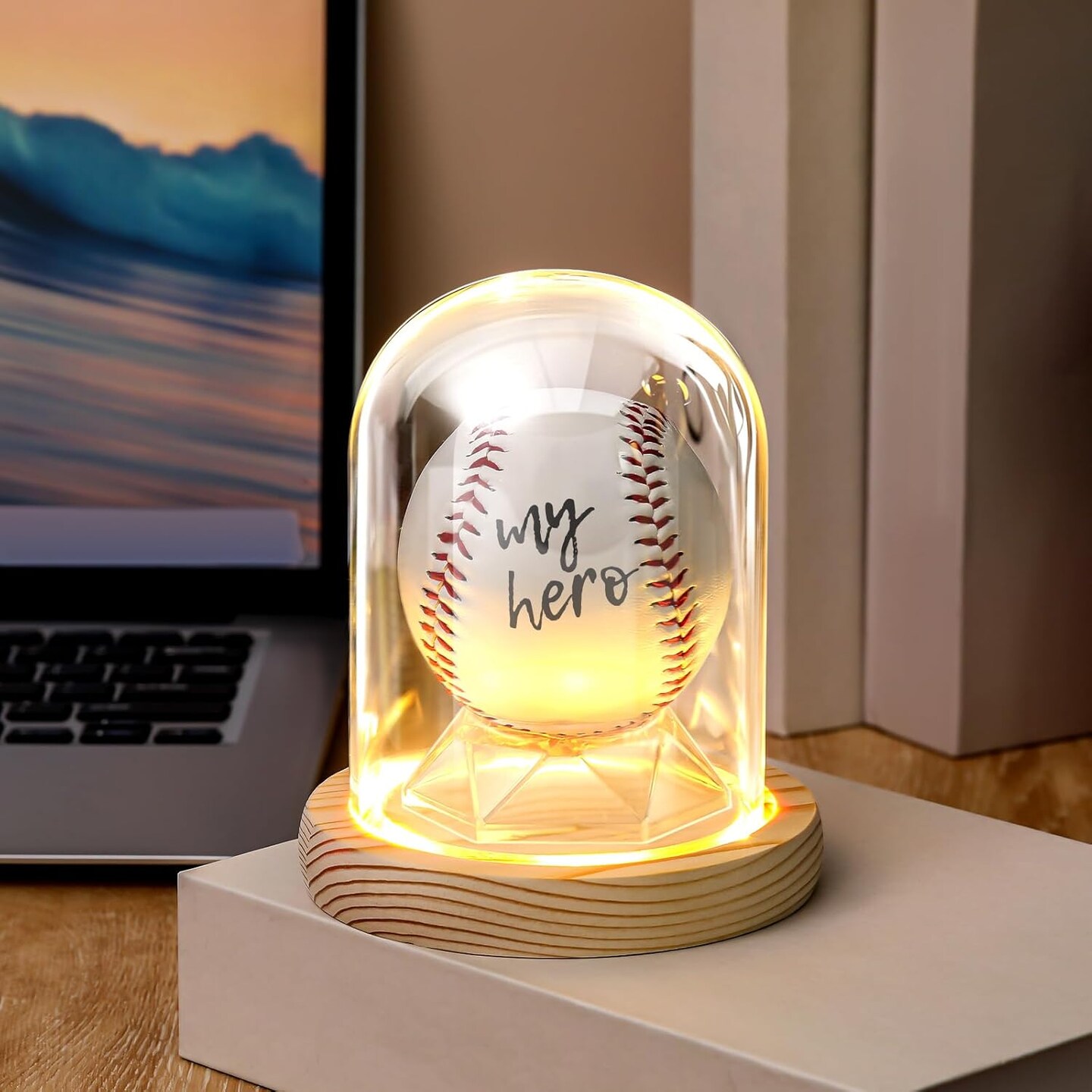 LED Baseball Display Case, Light up UV Protection 360&#xB0; Glass Baseball Case with Wooden Base 3.5 x 4.7&#x27;&#x27; Golf Ball Holder Stand for Balls Tennis Golf Display Figurine Memorabilia Gift Decoration