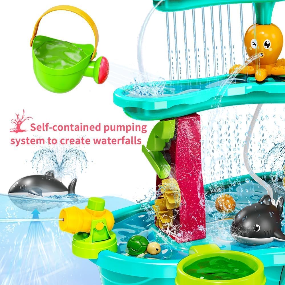Summer Sand Water Table Toys for Toddlers Kids - with Water Pumb &#x26; Umbrella 3-Tier Kids Splash Table, Water Play Toys for Outside Outdoor Backyard, Toddler Sand Sensory Table for Boys Girls