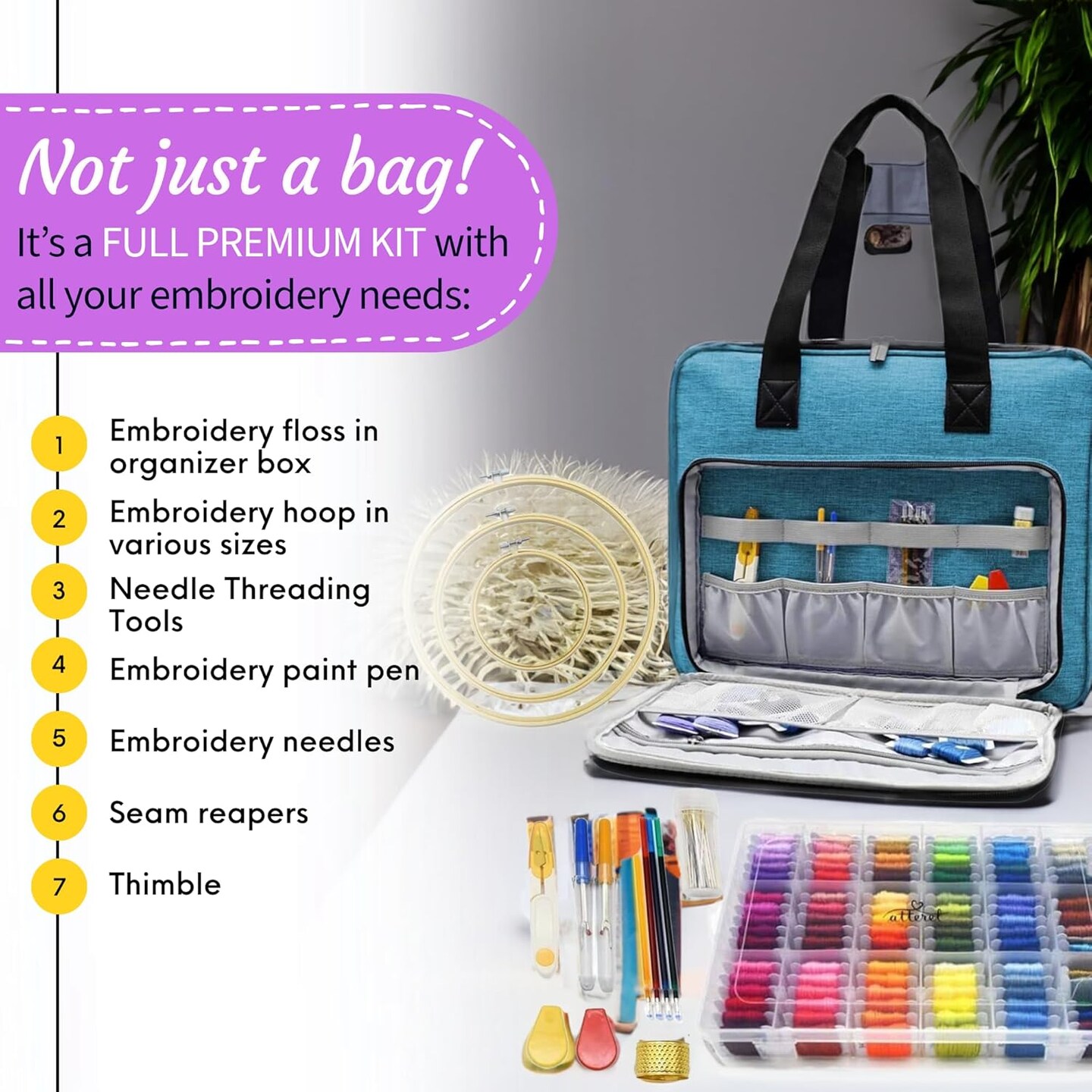 Full Range Embroidery and Cross Stitch Starter Kit with Premium Storage Organizer Bag, Includes 99 DMC Coded Cotton Threads, 9 Metallic Floss, 3 Hoops, Needles, Scissors + More (Turquoise)